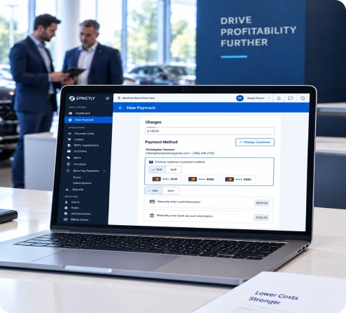 Strictly Auto payment platform on a laptop in a dealership