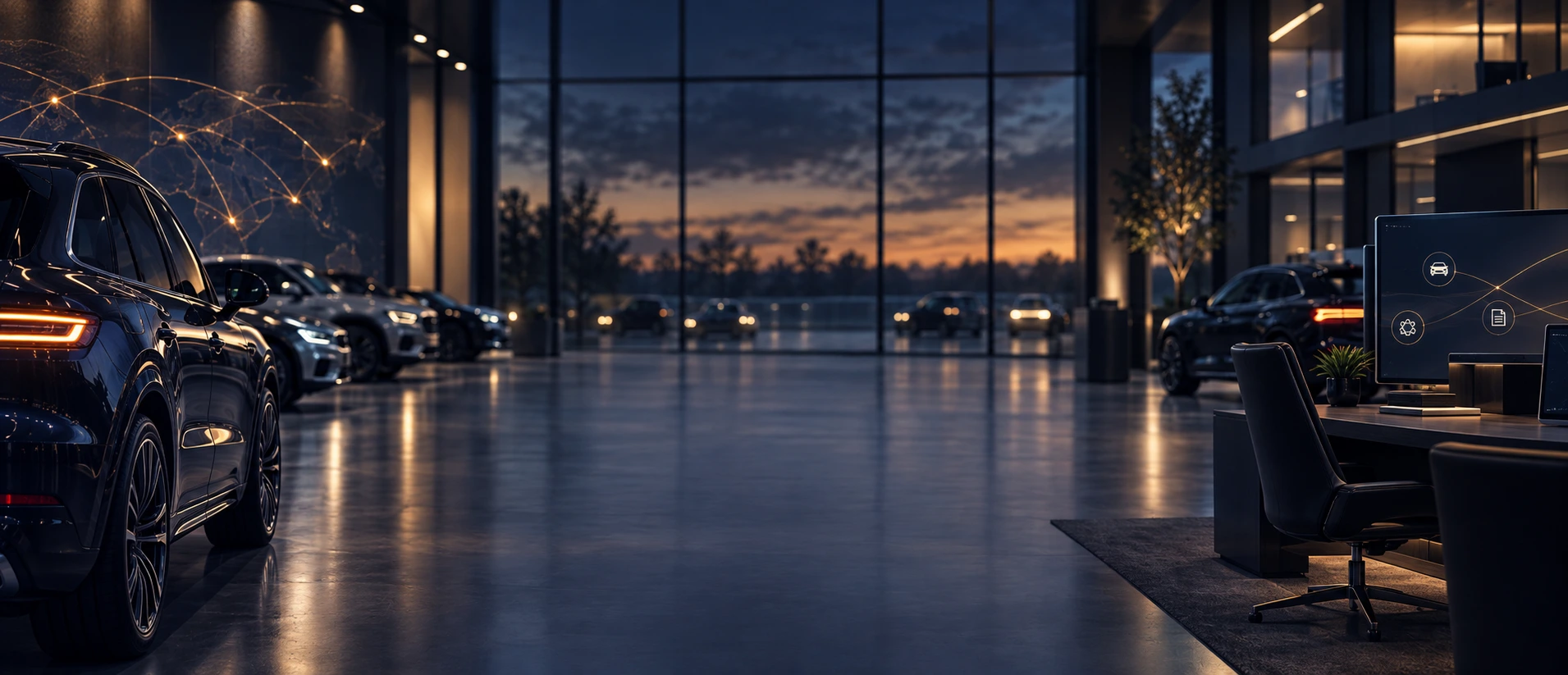 Connected dealership showroom at dusk